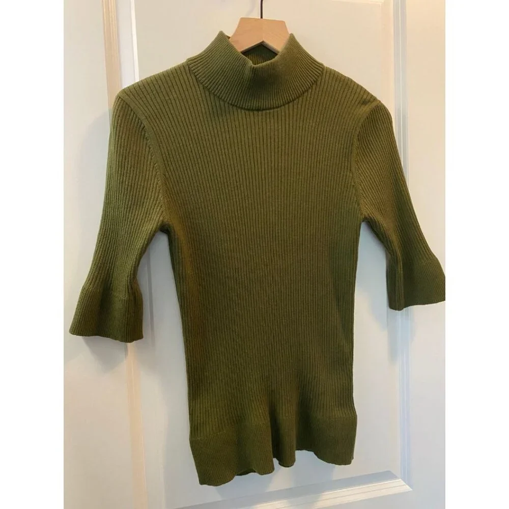 DKNY Mock Neck Turtle Neck Green Bodycon Ribbed Knit Top Women's Size XL - Picture 5 of 7